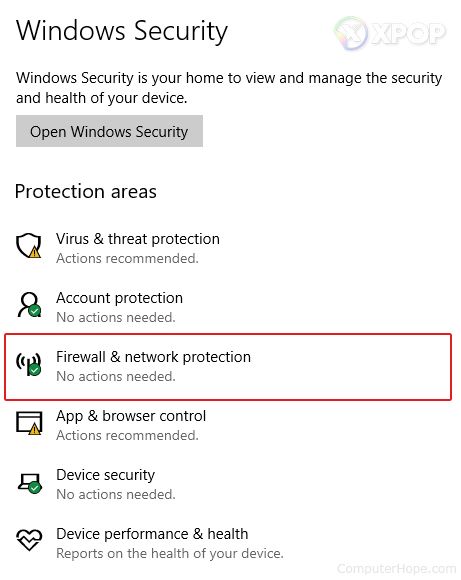 Selección de protección de red de firewall de Windows 10.